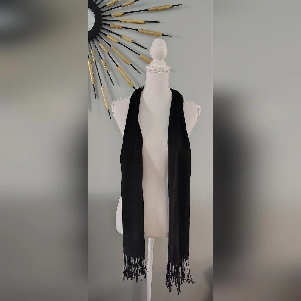 Artisan Crystal Beaded Necklace Scarf Stone Chips Nuggets Wrapped Fringe Black